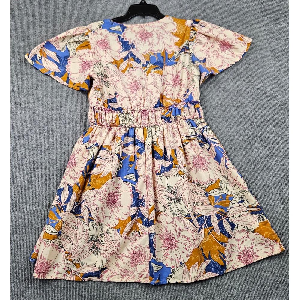Band of the Free Floral V-Neck Tie Front Smocked Mini Dress Blue Mustard Large